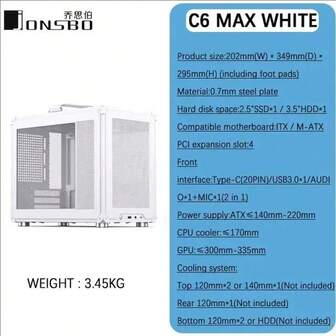  JONSBO C6 MAX Vitt Bärbart Litet Datorchassi MATX Med Glassidpanel, Mini Praktisk Desktop ITX Kompakt Desktop, Stödjer Typ-C-gränssnitt, C6 MAX Svart Stödjer MATX Moderkort/ATX Nätaggregat