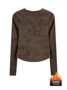 Double-Sided Velvet Tie Dye Pleated Base Layer Soft & Elegant Women's Long Sleeve Top, Winter 2025 - 250 Brown - View 7