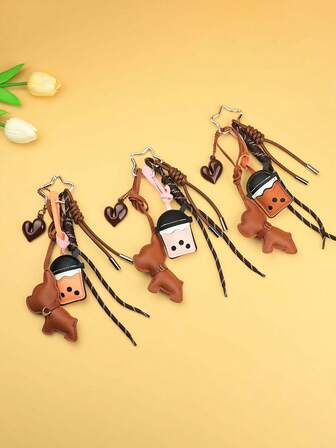 Fashionable Heart-Shaped French Bulldog Keychain, Delicate Matching Mini Dog Bag Charm, Couple Keychain, Retro Keychain, Star-Shaped Spring Clasp Design, Leatherette Bubble Tea Cup Charm, Suitable For Keys, Bags, And Decoration