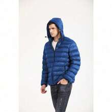 Lightweight Men's Puffer Jacket – Hooded Cotton-Padded Zipper Coat For Winter Cold Weather, Comfortable Travel Outerwear & Christmas Gift Option - 藍色 - 查看 8