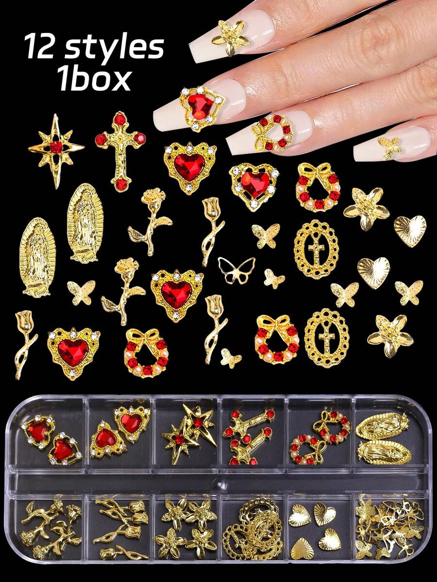 Bộ dụng cụ trang trí móng tay 70 món màu vàng kim với đá quý và pha lê, gồm các họa tiết hoa hồng, trái tim, thánh giá và Đức Mẹ Maria - Phụ kiện móng tay trang sức 3D lấp lánh phong cách Y2K, đồ trang trí móng tay dành cho nữ theo phong cách Y2K, phù hợp cho trang điểm, làm móng - Trang sức móng tay - Trang trí móng tay Giáng sinh, Trang trí móng tay Ngày Valentine. - Nhiều màu - Xem 1