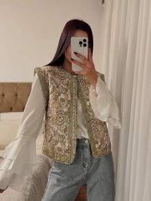 GMFP Women's Casual Elegant Fashion Printed Quilted Sleeveless Cardigan Vest, Vacation Style, Suitable For New Year/Valentine's Day - Green - View 5