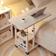 Overbed C Table With Storage Shelves - Height Adjustable Bedside Table On Wheels - White - View 3