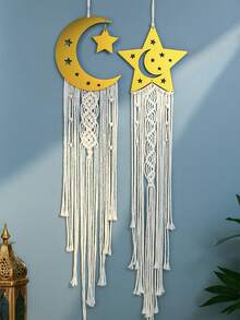 1 pezzo/2 pezzi Appendiabiti da parete intrecciato a forma di luna e stelle, decorazione da parete in macramè bohémien con lunghi nappine, elegante opera d'arte da parete per la casa, sfondo per feste e festival, creatore di atmosfera zen, pendente da parete per camera da letto, soggiorno e ingresso in stile fattoria, decorazione per vacanze, regalo di arredamento per la casa - Multicolore - Visualizzare 10