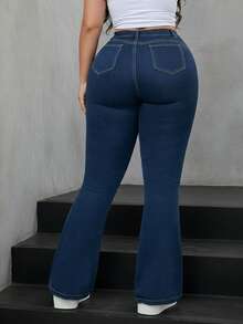 大码女式喇叭牛仔裤，带口袋，适合居家、日常穿着或办公场合，春夏季节皆宜。 - 藍色 - 查看 6