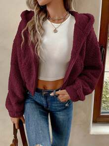 Vuslat Korean Sweet Style! Hooded Zipper Fluffy Short Jacket For Women, Autumn/Winter Versatile Loose Thick Comfortable Fashionable Outerwear, Ideal Choice For Vacation, Travel, Birthday Party, Valentine's Day, New Year, Daily Commute - Red Violet - View 1