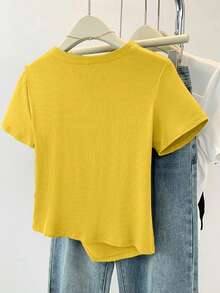 夏季新款不对称设计抽绳短袖T恤，休闲上衣 - 黃色 - 查看 2