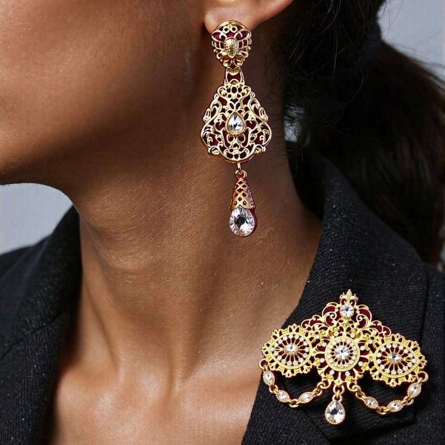 一套优雅的阿尔及利亚/摩洛哥婚礼首饰胸针和耳环套装，金色 - 传统撒哈拉节日首饰