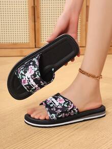 Women's Adjustable Strap Sandals, Outdoor Beach Slippers, Lightweight Flat Slide Sandals, Fashion Printed Slippers - Black - View 4