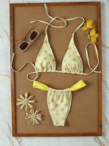 Bộ bikini nữ mùa hè mới, họa tiết chấm bi vàng, kiểu dáng cổ yếm, thanh lịch, gợi cảm, thường ngày. - Nhiều màu - Xem 2