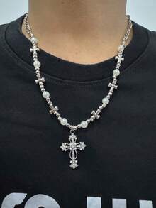 Dây chuyền ngắn với mặt thánh giá cổ điển và hạt charm, phong cách đường phố đơn giản, dành cho cả nam và nữ - Bạc - Xem 6