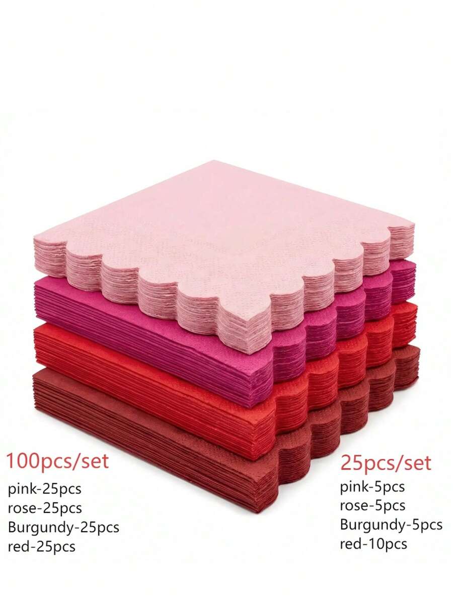 Bộ 25/100 khăn ăn dùng một lần cho Ngày Valentine, khăn ăn viền lượn sóng, 4 màu trơn, thích hợp dùng cho đồ uống, tráng miệng hàng ngày, dịp Giáng sinh, sinh nhật, đám cưới, ngày lễ, kích thước 5 x 5 inch. - Nhiều màu - Xem 1