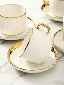 6 Set Of Luxurious Gold-Trimmed Ceramic Tea Set With Coffee Cup And Saucer, Dishwasher . Ideal For Home Kitchen, Table Decoration, Afternoon Tea, Coffee Drinking, Personalized Gifts, Kitchen Accessories, Ramadan, Parties, Birthdays, Weddings, And Dinner Parties.Valentines Gift For Him,Valentines Gift - White - View 6