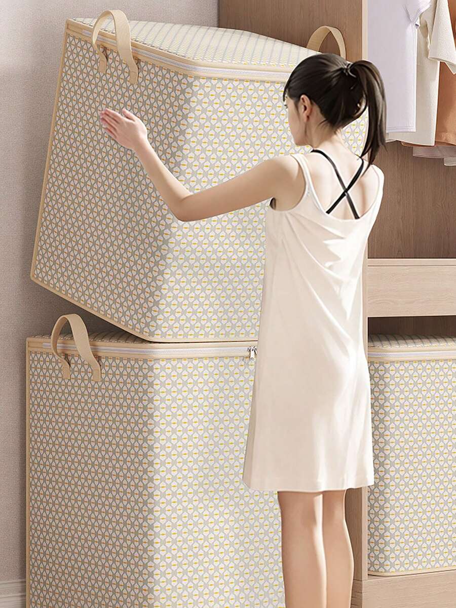 1pc Extra Large 220L (7.8 Cubic Feet) Storage Bin - Space-Saving Zippered Storage Box, Lightweight Portable Under-Bed Storage Container For Closet, Attic, Moving - Beige Non-Woven Fabric Container For Bedding, Clothes, Linens - Home, Travel, Seasonal Organization, Bedroom Storage, Geometric Pattern Design, Sturdy Handle - Multicolor - View 1