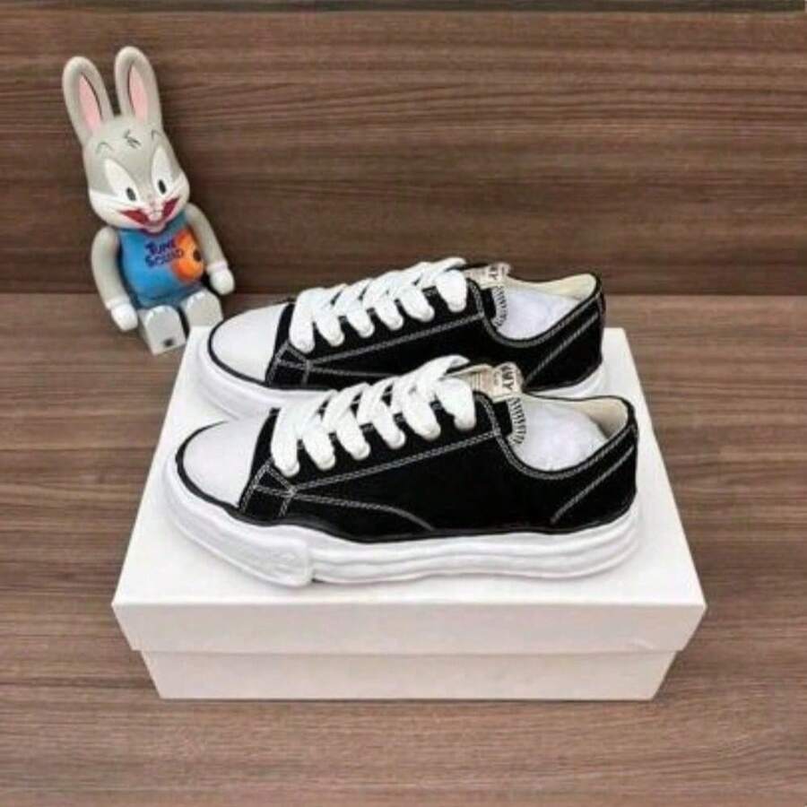 New MMY Shoes Classic Black And White Men's Retro Casual Sneakers - Low-Top Lace-Up Shoes With A Breathable Fabric Upper, Cushioned Rubber Sole And Durable Black Accents For All-Season Comfort And Everyday Wear. Minimalist Design With Fabric Upper - 黑色布料電動刺繡 - 查看 1