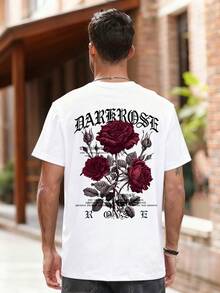 Men's Casual Versatile Simple Rose Flower Print Short Sleeve T-Shirt