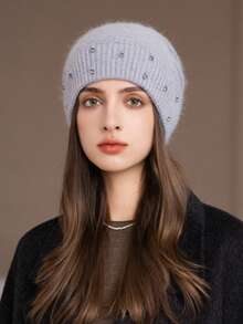 1 Stück Damen Warme Doppelschicht Gestrickte Mütze, Modischer Perlen Stirnband Ohrenschützer Beanie, Dicke Gestrickte Mütze für Mütter im Winter