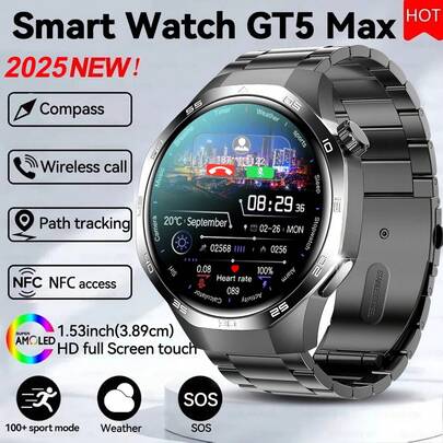 GUHUAVMI 2025 新款男士运动健身智能手表 GT5 Pro，1.53 英寸高清显示屏，蓝牙通话、SOS、NFC 访问指南针、海拔、多种运动模式智能手表、心率、睡眠监测健身追踪器、女士智能手表、Smartwatch GT4 升级版，适用于 Android IOS