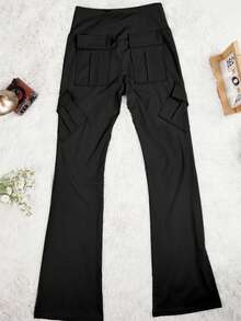 Y2K Wide Waistband High Stretch Pocket Booty Workout Lifting Athletic Gym Flare Leg Leggings Cargo Pants - Black - View 5
