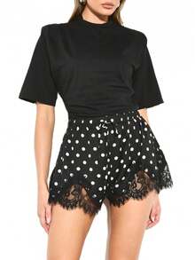 Women's Polka Dot Print Shorts Lace Trim Drawstring High Waist  Loose Mini Sweatshorts Vacation Outfits For Women, Holiday Outfits For Women, Hawaii Outfits For Women - 黑色 - 查看 1