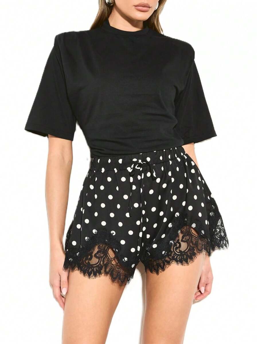 Women's Polka Dot Print Shorts Lace Trim Drawstring High Waist Loose Mini Sweatshorts Vacation Outfits For Women, Holiday Outfits For Women, Hawaii Outfits For Women - 黑色 - 查看 1