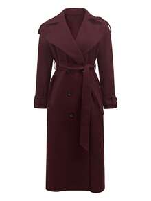 Women's Wool Blend Long Coat With Waist Cinching, Notched Collar, Button Closure, Warm For Autumn/Winter - Burgundy - View 6