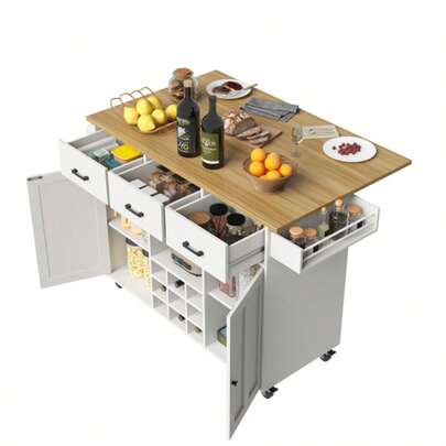 Dining Trolley, Kitchen Trolley, Removable Dining Trolley With Worktop, Towel Rack And Spice Rack, Adjustable Dividers, Buffet Cabinet, Kitchen Cabinets, Tabletop With Wood Grain, White