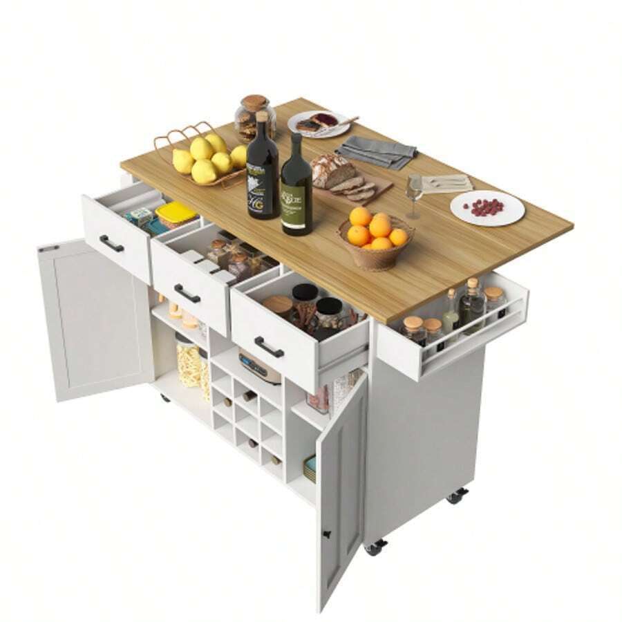 Dining Trolley, Kitchen Trolley, Removable Dining Trolley With Worktop, Towel Rack And Spice Rack, Adjustable Dividers, Buffet Cabinet, Kitchen Cabinets, Tabletop With Wood Grain, White - 白色 - 查看 1