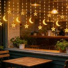 98颗LED月亮星星串灯 - USB供电装饰灯串，室内/室外闪烁灯串，适用于派对庆典，暖黄色光芒，长度300厘米/118英寸，装饰 - 暖白色 - 查看 8