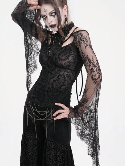 EVA LADY Lace Pattern Tie-Up Decor Open Shoulder Gothic Blouse With Bell Sleeves