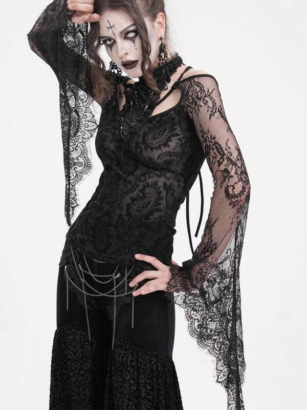 EVA LADY Lace Pattern Tie-Up Decor Open Shoulder Gothic Blouse With Bell Sleeves
