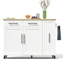 Kitchen Island Table With Fallen Leaves, Three-Tier Storage Basket, Internal Storage Shelf, Rolling Basket With Towel Rack And 2 Drawers, For Restaurant - White - View 4