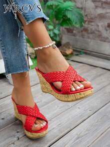 红色坡跟厚底凉鞋，女士款，搭扣镂空设计，手工编织，轻盈舒适，优雅罗马风度假鞋，复古波西米亚厚底沙滩凉鞋，春夏穿搭 - 紅色 - 查看 3