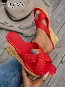 红色坡跟厚底凉鞋，女士款，搭扣镂空设计，手工编织，轻盈舒适，优雅罗马风度假鞋，复古波西米亚厚底沙滩凉鞋，春夏穿搭 - 紅色 - 查看 1