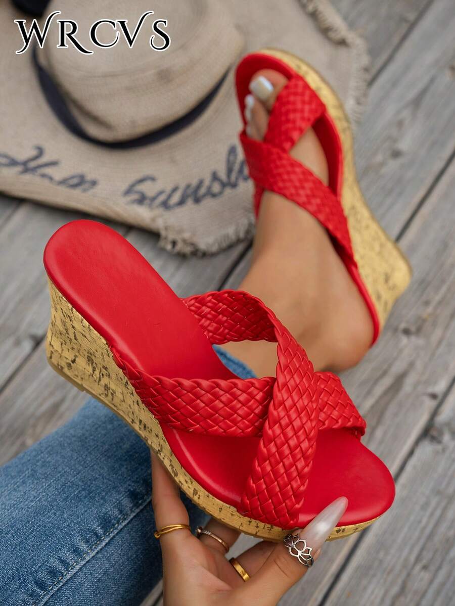 红色坡跟厚底凉鞋，女士款，搭扣镂空设计，手工编织，轻盈舒适，优雅罗马风度假鞋，复古波西米亚厚底沙滩凉鞋，春夏穿搭 - 紅色 - 查看 1