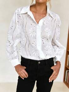 Áo sơ mi nữ cỡ lớn tay phồng có cúc, chi tiết thêu rỗng, chất liệu không co giãn, dáng suông, thích hợp cho ngày Valentine. - trắng - Xem 3