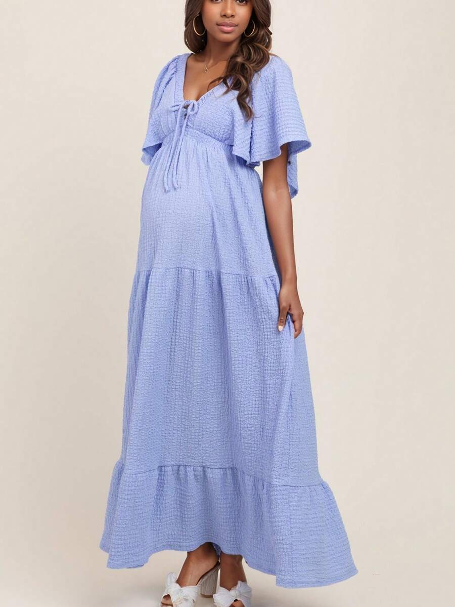 Maternity Solid Color Bohemian Knit Fabric Twist Ruffle Hem Dress, Vacation Wear, Spring/Summer - Sky Blue - View 1