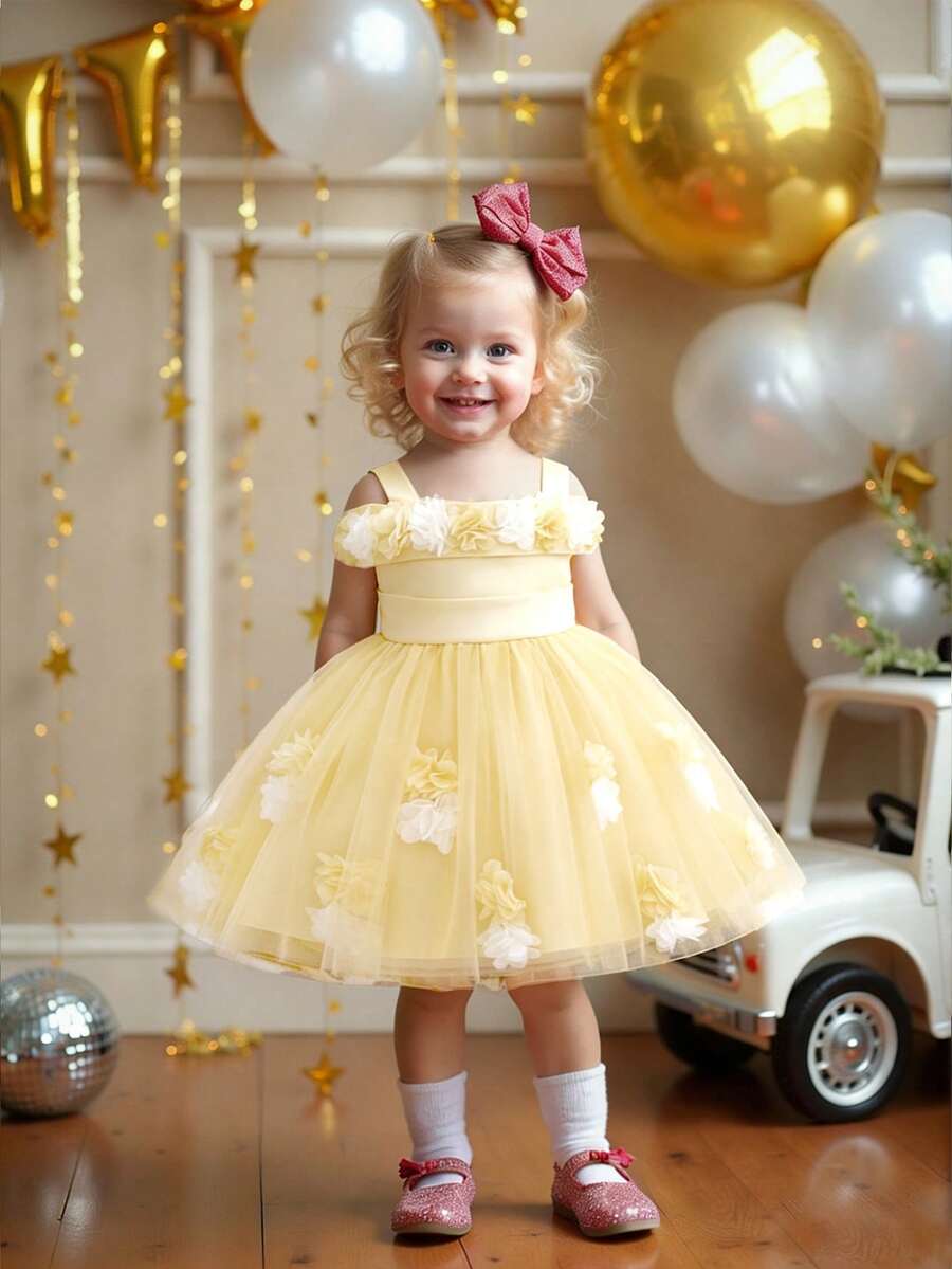 Baby Girls Floral Tulle Cute Puffy Flower Girl Wedding Dress, Suitable For 1st Birthday Celebration And Outing, Headband Not Included - Rượu sâm banh - Xem 1