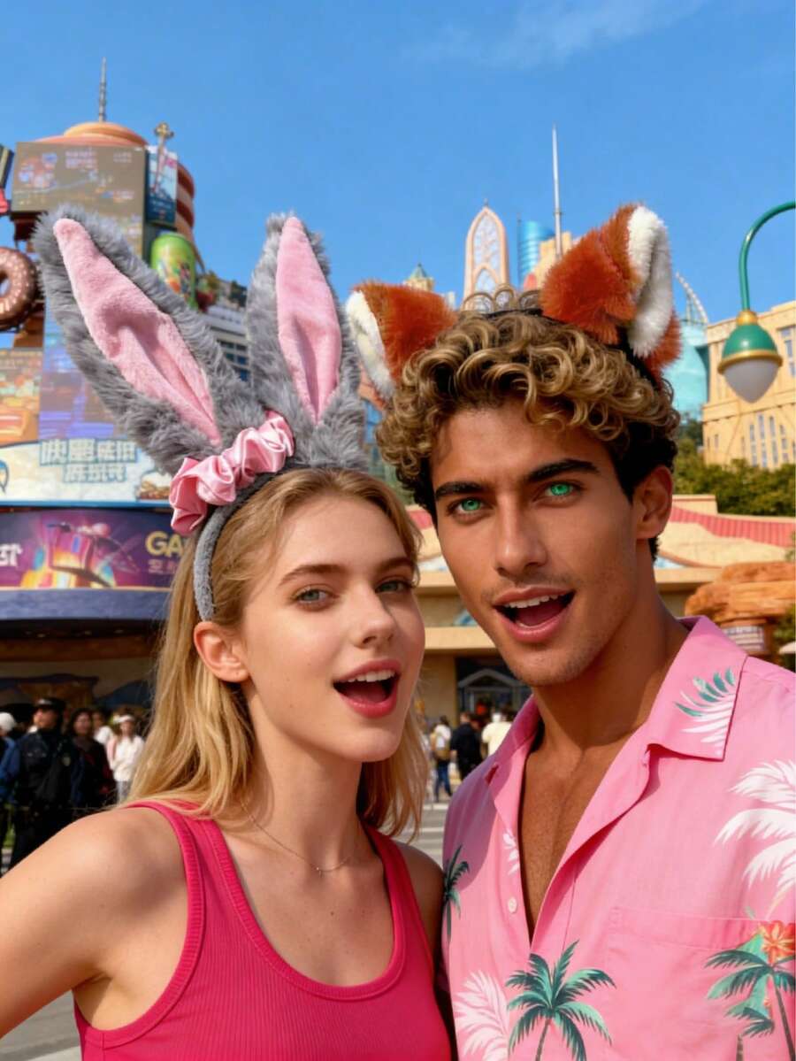 Zootopia2 Judy Hopps Vacation Pink Costume Set With Movable Ears & Tail, Sunglasses & Hairband - Official Bunny Officer Cosplay Headband, Plush Rabbit Ear Hairband, Anime Conventions & Theme Parties,Valentine's Day Costume