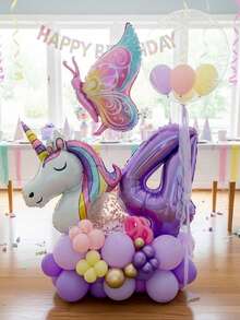 Bộ trang trí sinh nhật chủ đề Kỳ lân & Bướm gồm 39 món: Bóng bay số 0-9 màu tím 32 inch, Bóng bay kỳ lân khổng lồ, Bóng bay hình bướm bằng giấy bạc, Bóng bay bong bóng trong suốt 18 inch, Bóng bay cao su màu tím & tím nhạt 10 inch, Bóng bay cao su màu tím Macaron/vàng kim loại/vàng Macaron 5 inch, Bóng bay cao su lấp lánh màu vàng hồng 12 inch. Thích hợp cho tiệc mừng em bé, trang trí sinh nhật, trang trí sân vườn ngoài trời mùa xuân. - Nhiều màu - Xem 4