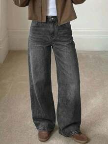 Plus Size Vintage Casual Loose Washed Slant Pocket Denim Jeans Spring - Ash - View 5