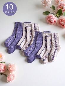 5 Pairs Purple Sweet Potato Color Mid-Calf Socks, Vintage Japanese Floral Design Knee High Socks For Women/Female Students, Suitable For Spring, Autumn, Winter, Also Can Be Christmas Gifts - Multicolor - View 9