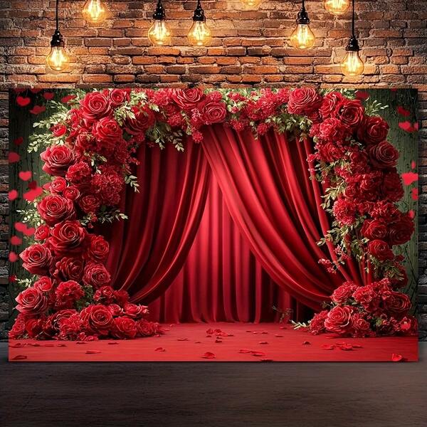 2D平面红色玫瑰花卉印花摄影背景横幅，单件装，室内影棚背景，适用于婚礼、生日、周年纪念日——全年皆宜的精美装饰，完美适用于家居、花园和活动场地。