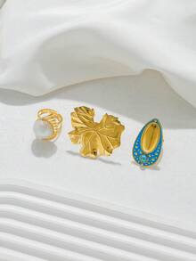 1pc Fashionable Stainless Steel 18K Gold Plated Large Pearl Fan Ring/Blue Universe Ring/Lotus Leaf Ring, Suitable For Women For Daily Wear, Banquet, Party, Travel, Holiday