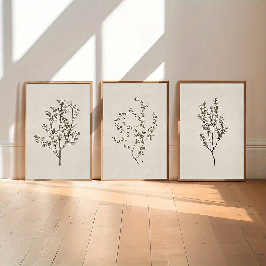 三件套复古植物印花画，农舍风格墙面装饰，法式乡村植物印花画，花卉儿童房墙面艺术，客厅装饰画，卧室装饰画，无框，适合春季 - 彩色 - 查看 1