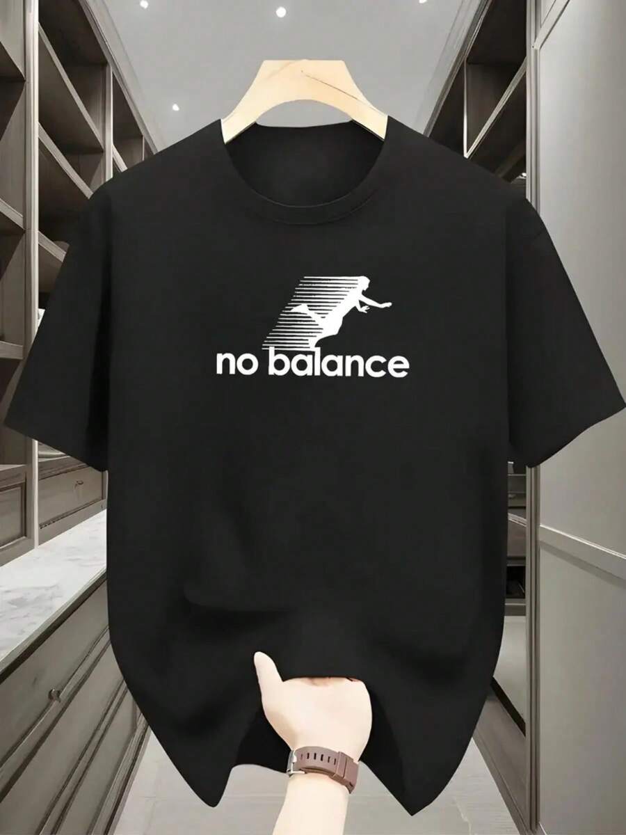 Áo thun nam tay ngắn cổ tròn in họa tiết bất đối xứng, phong cách thường ngày - màu đen - Xem 1