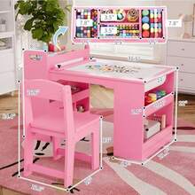 Mesa de arte infantil de 49 pulgadas, mesa grande para manualidades con 2 sillas, computadora de arte multifuncional con estantes de almacenamiento para habitación de los niños, jardín de - Rosa - Ver 2
