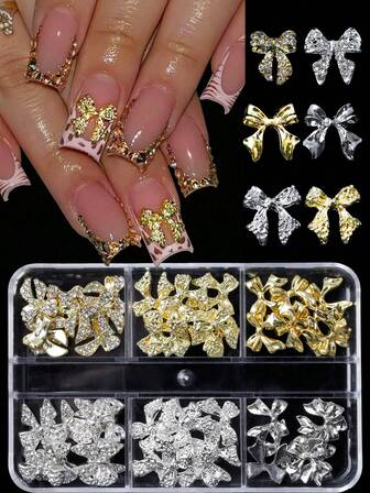 48 piezas de decoraciones de uñas con cristales de imitación de oro y plata brillantes en forma de lazo, decoraciones de uñas de aleación 3D, estilo "Abi Hot Girl", estilo princesa, estilo hada, decoración de lazo grande, accesorios de decoración de manualidades DIY, joyería de uñas linda