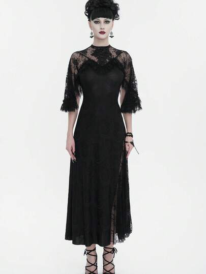 Devil fashion Đầm Gothic tay lửng cổ đứng, họa tiết ren và tua rua, thích hợp cho tiệc theo chủ đề Gothic.
