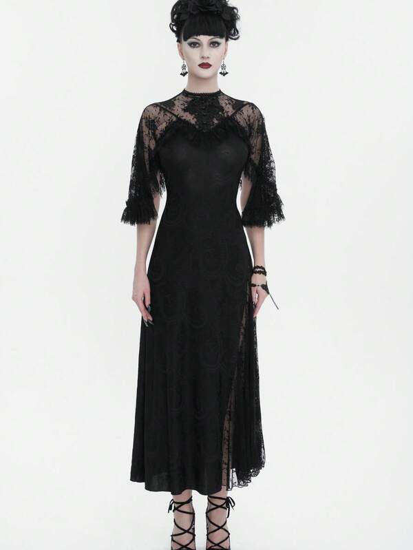Devil fashion 蕾丝图案流苏装饰立领蕾丝中袖哥特式连衣裙，哥特主题派对